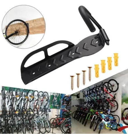 Black mountain bike wall mount bicycle storage rack on wall with front wheel on hook