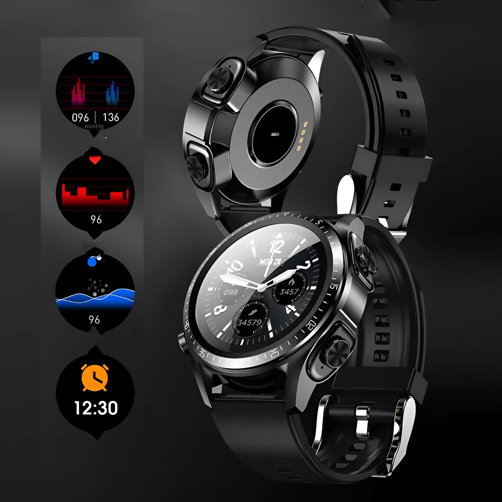 Black smart watch with silicone strap showing blood pressure and oxygen monitoring on its 1.28-inch screen.
