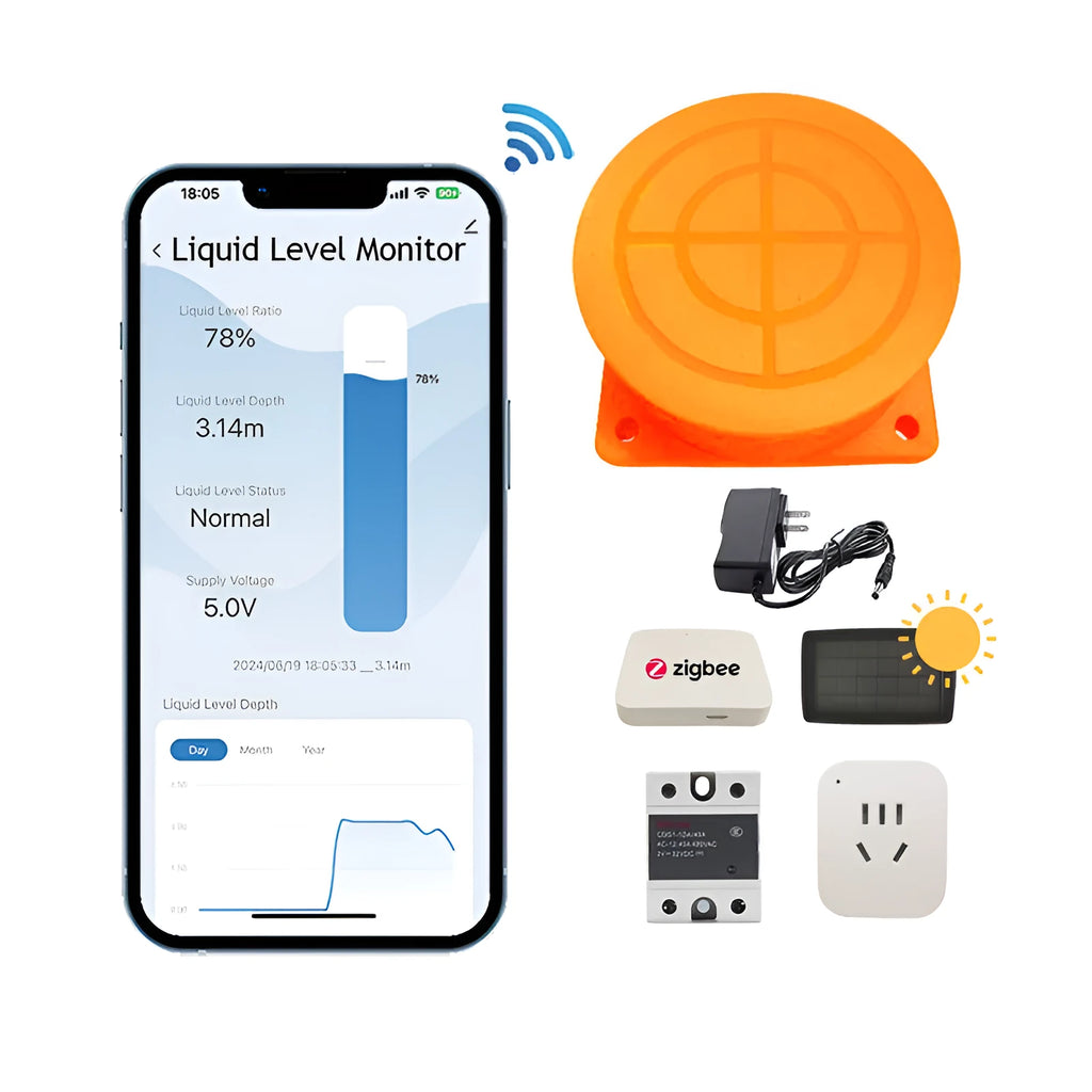 Wireless fluid level monitor sensor unit for remote water and fuel tank monitoring with mobile app.