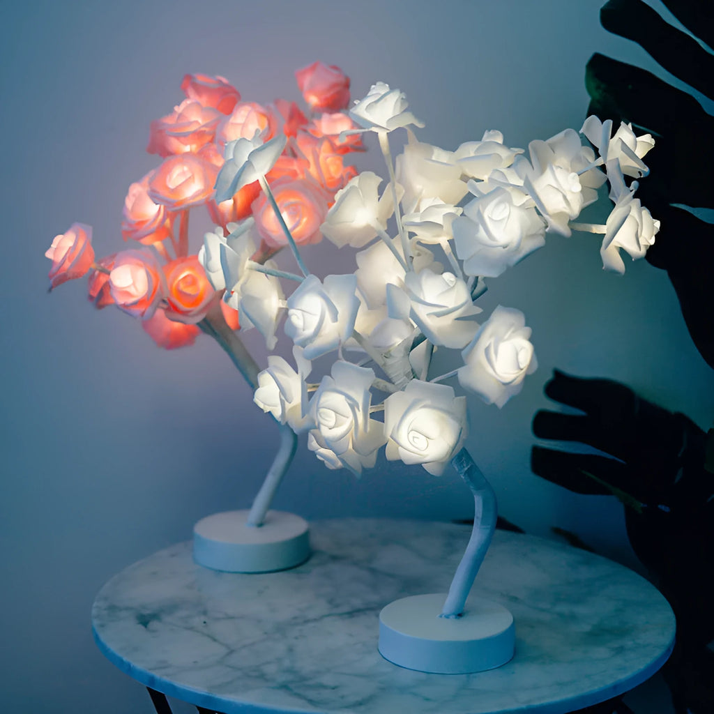 White and red rose flower LED table lamp with USB and battery power options