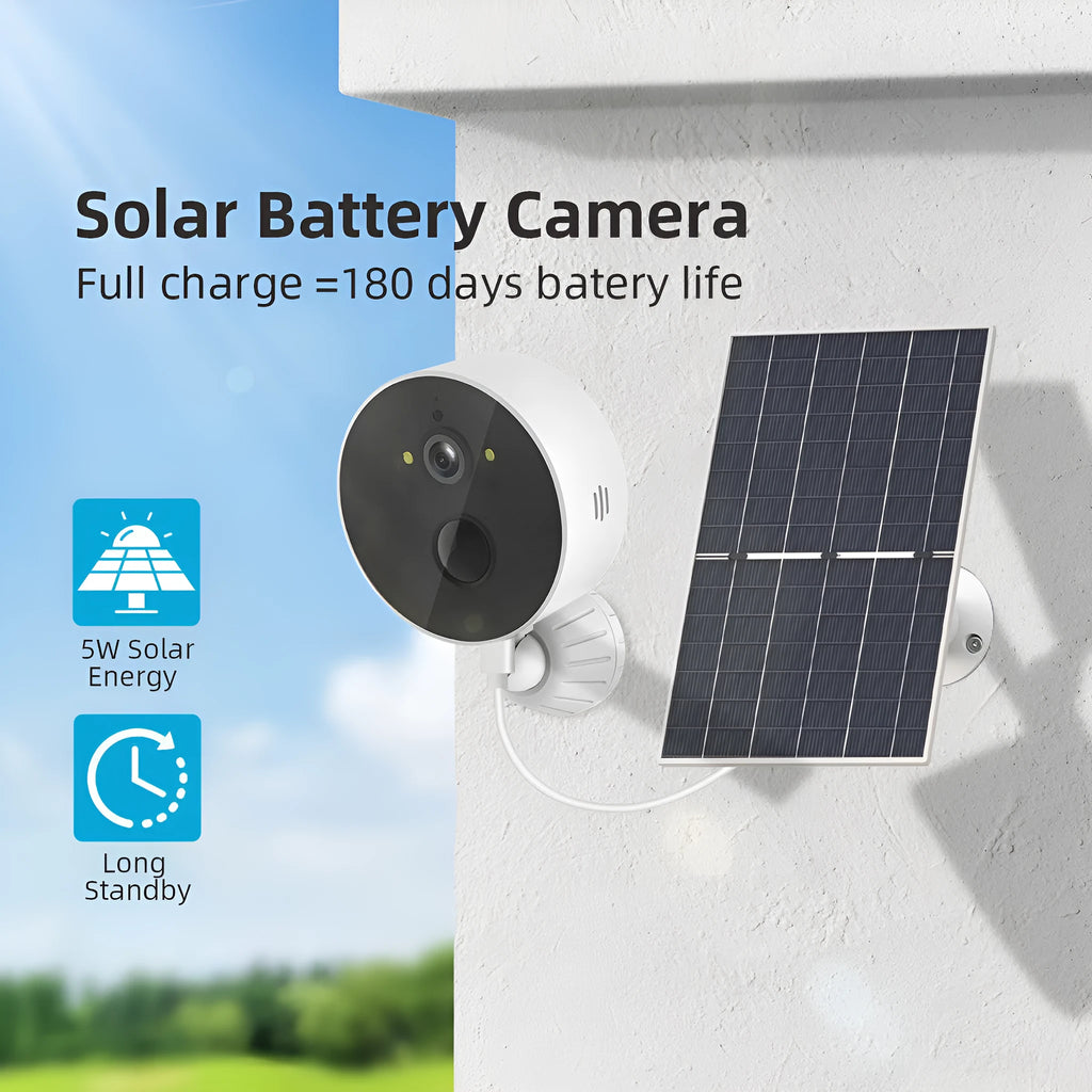 Outdoor solar-powered battery security camera and solar panel unit.