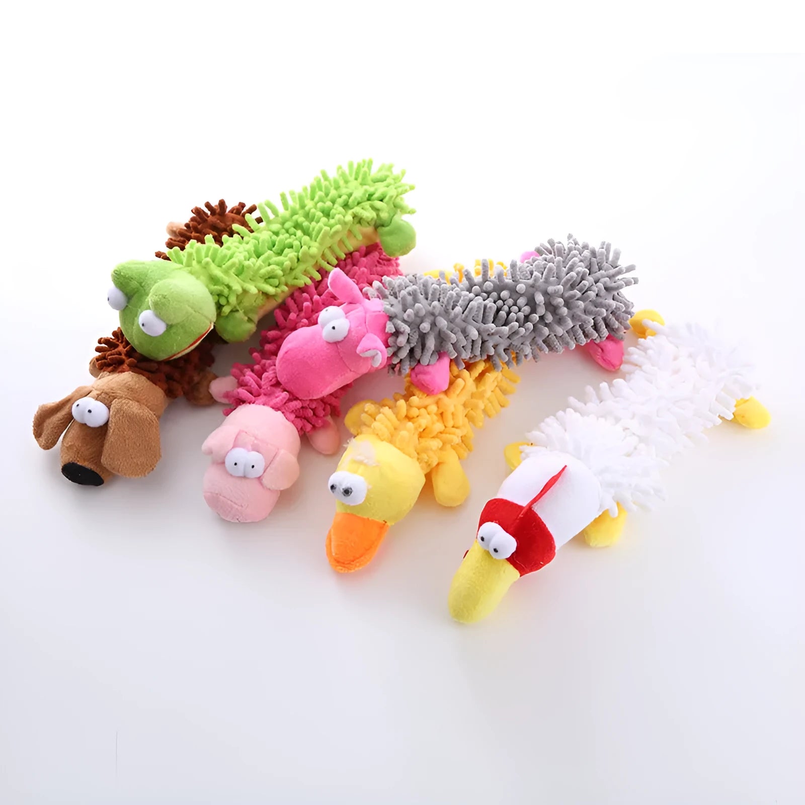 Plush dog toy with microfiber horse molar texture in six animal designs including dog, duck, chicken, pig, frog, and hippo