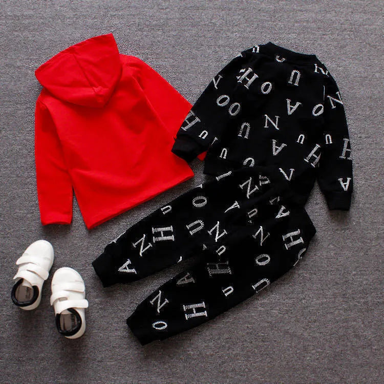 Red and white children's long sleeve clothing set made from polyester and vinylon blend fabric