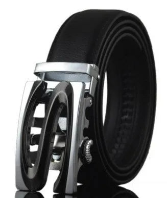 Men's black automatic buckle leather belt with 3.5cm width and adjustable length
