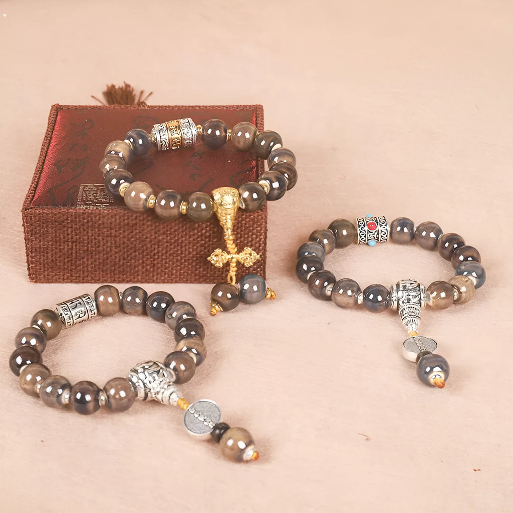 Men's ceramic gradient bead Buddhist charm bracelet with coloured glaze, approximately 13mm diameter.