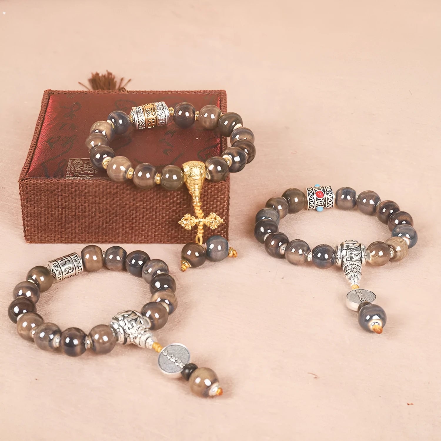 Men's ceramic gradient bead Buddhist charm bracelet with coloured glaze, approximately 13mm diameter.