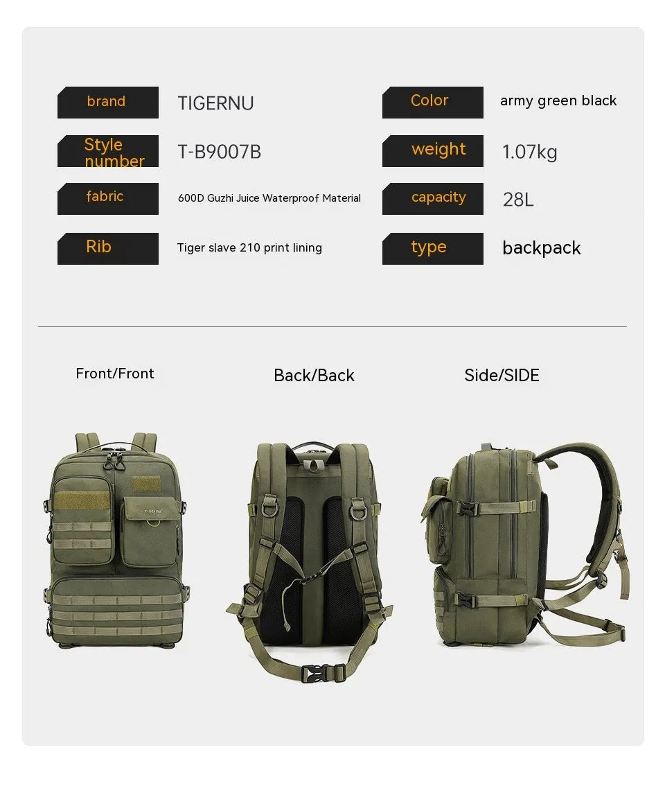 17-inch tactical backpack in army green with 20-35 litre capacity and waterproof nylon construction