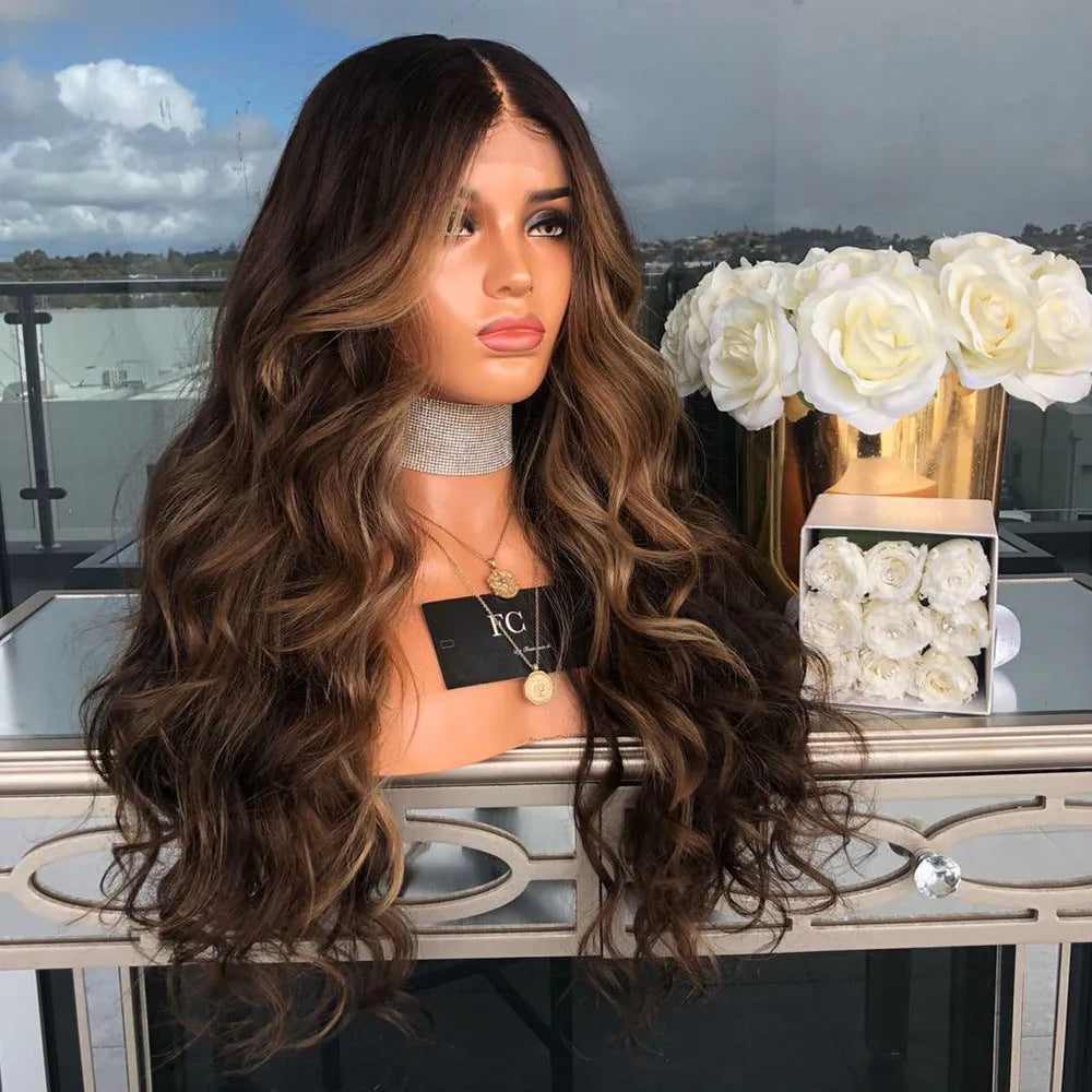 Long brown wig with high temperature wire hairline on a mannequin head