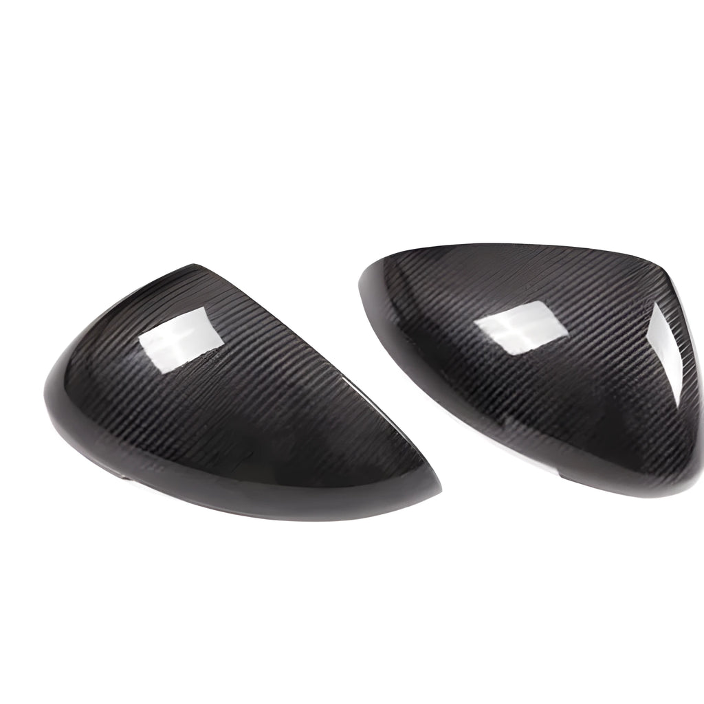 Black true carbon fibre mirror covers for Porsche Macan 2014-2022 models showing dimensional measurements