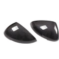 Black true carbon fibre mirror covers for Porsche Macan 2014-2022 models showing dimensional measurements