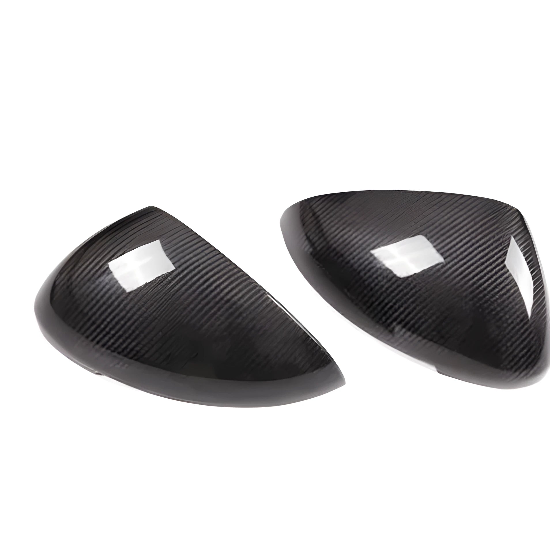 Black true carbon fibre mirror covers for Porsche Macan 2014-2022 models showing dimensional measurements