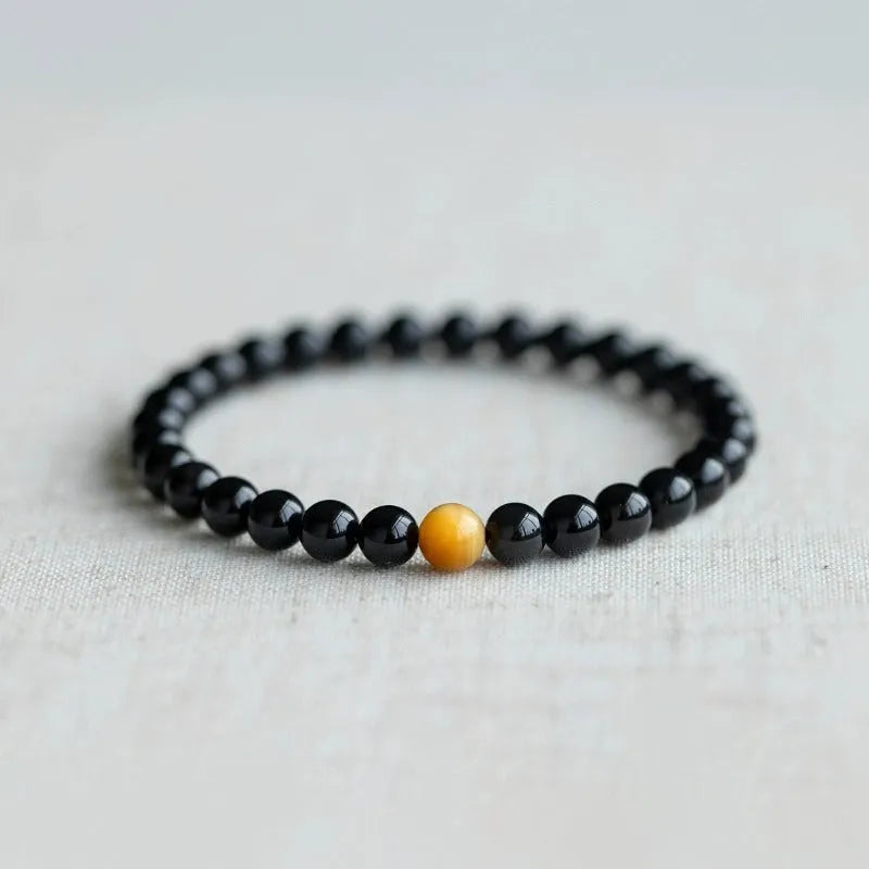 Black obsidian geometric bracelet in Korean style with stone construction