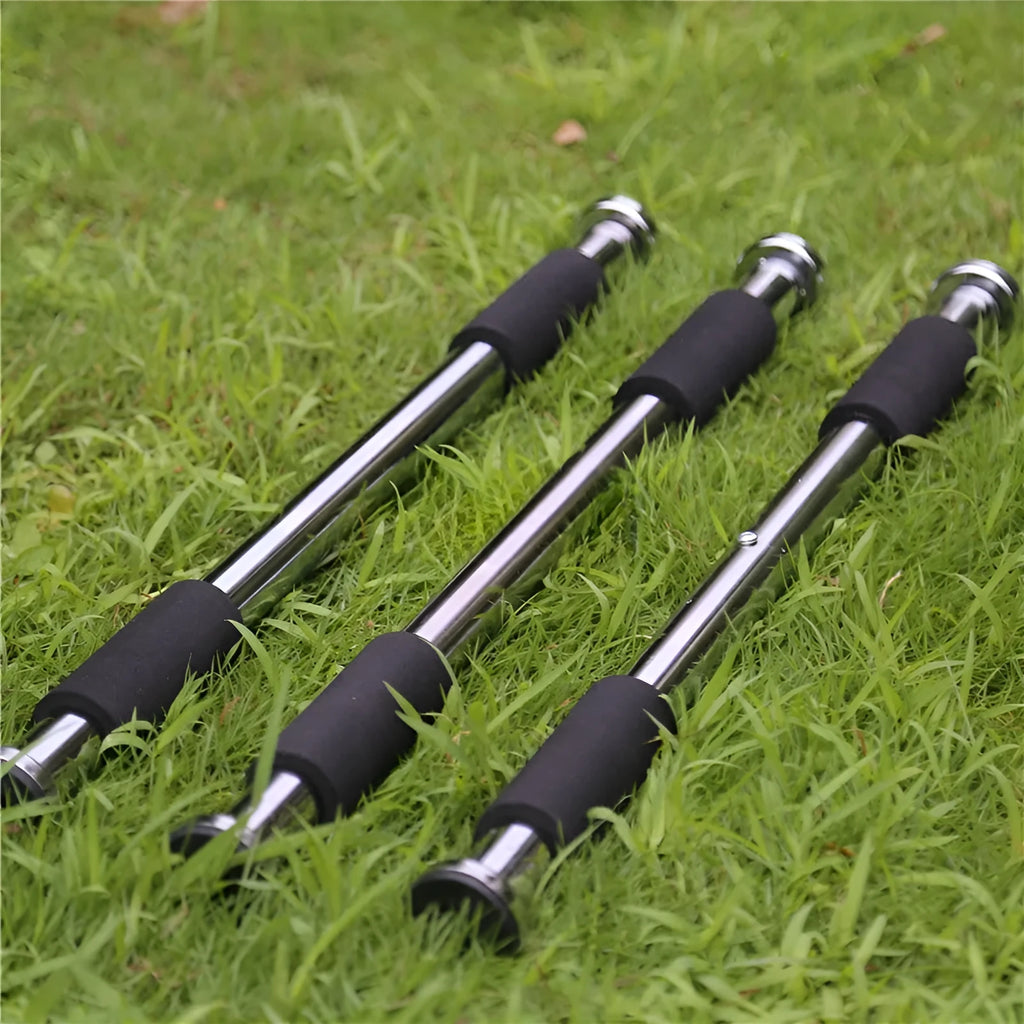 Steel adjustable indoor pull-up bar extended for door frame fitness training.