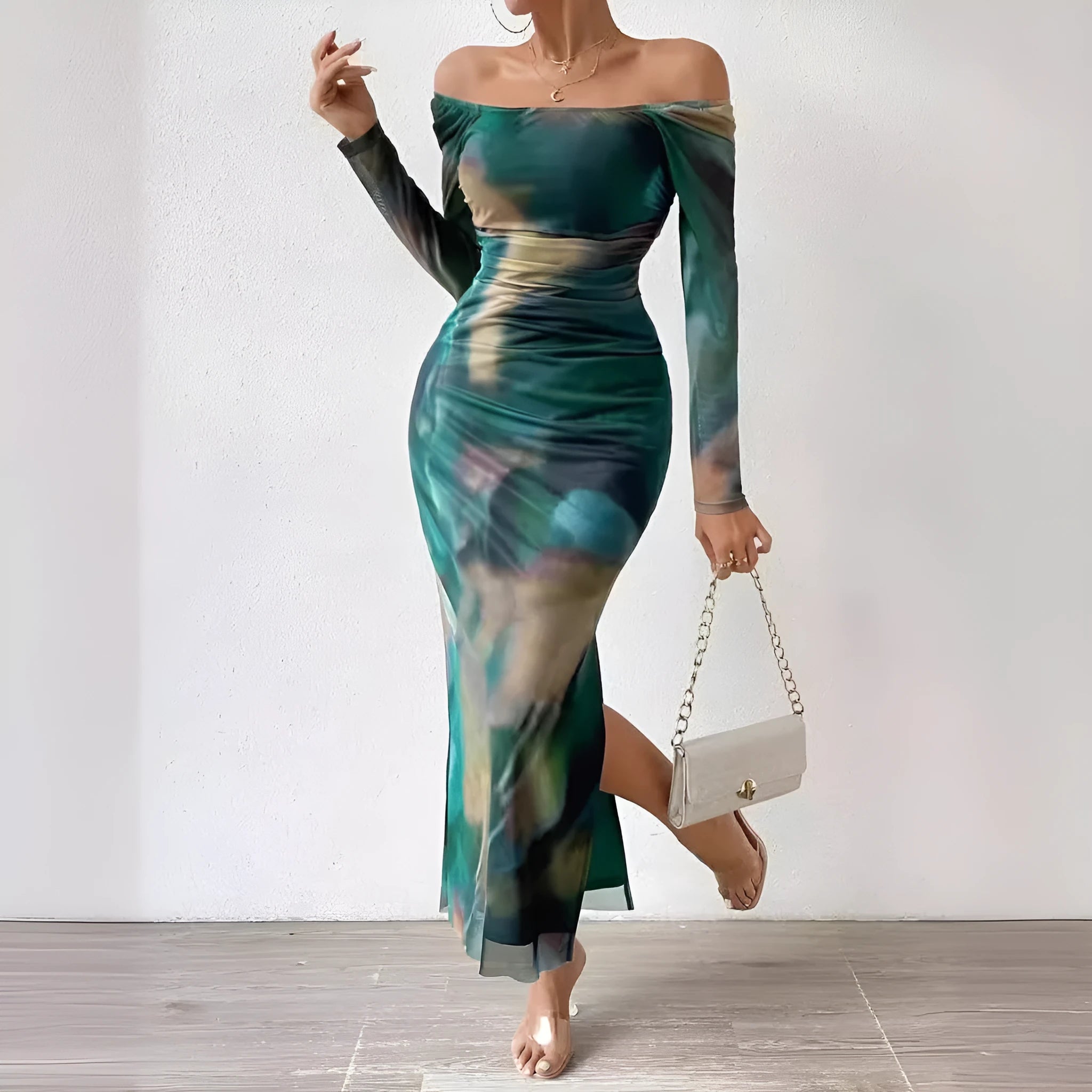 Green gradient women's fishtail mesh dress with a square collar and side split.