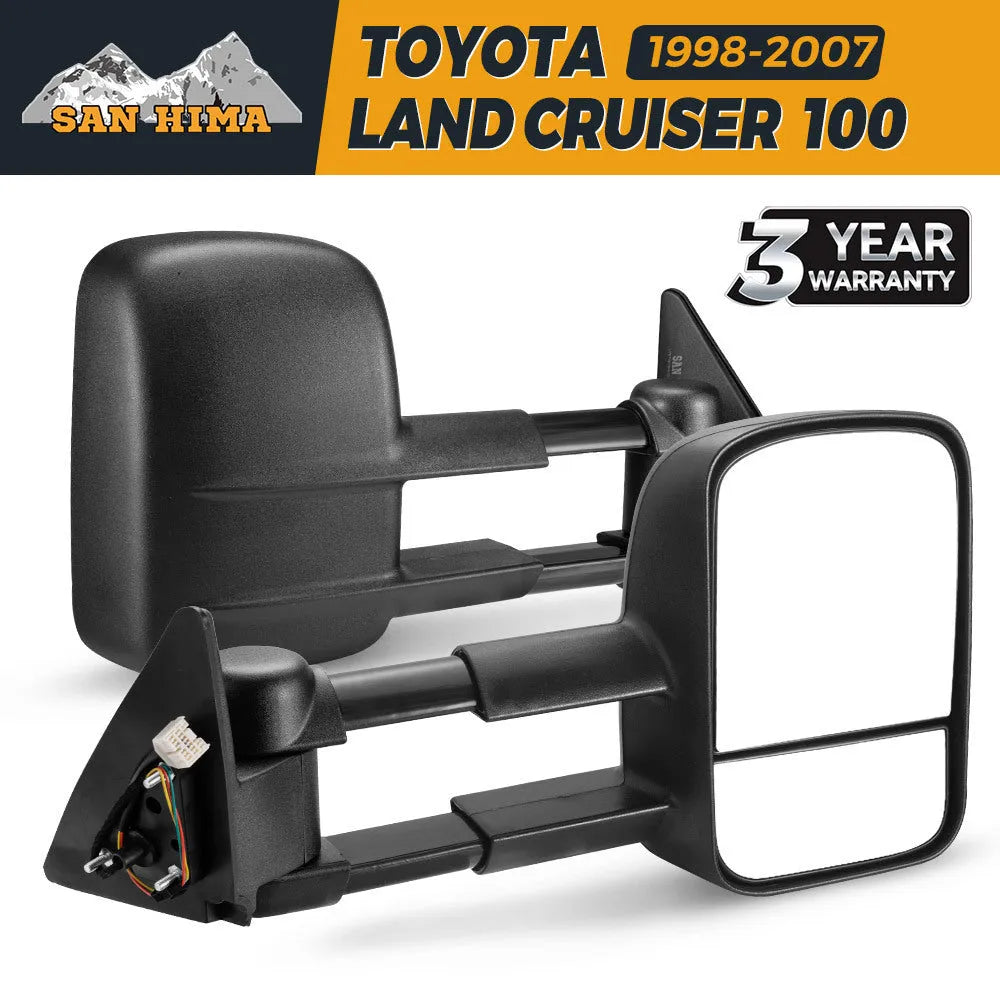 Pair of black foldable rearview mirrors for Toyota Land Cruiser 100