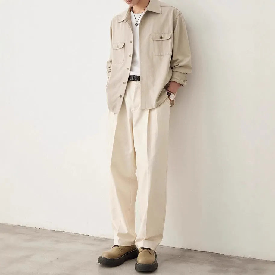 Men's simple profile long sleeve shirt with a cotton lapel collar, shown in Light Sand Rice colour.