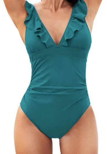 Women's apricot floral v-neck one-piece swimsuit with lace-up front detail, sleeveless design for swimming.