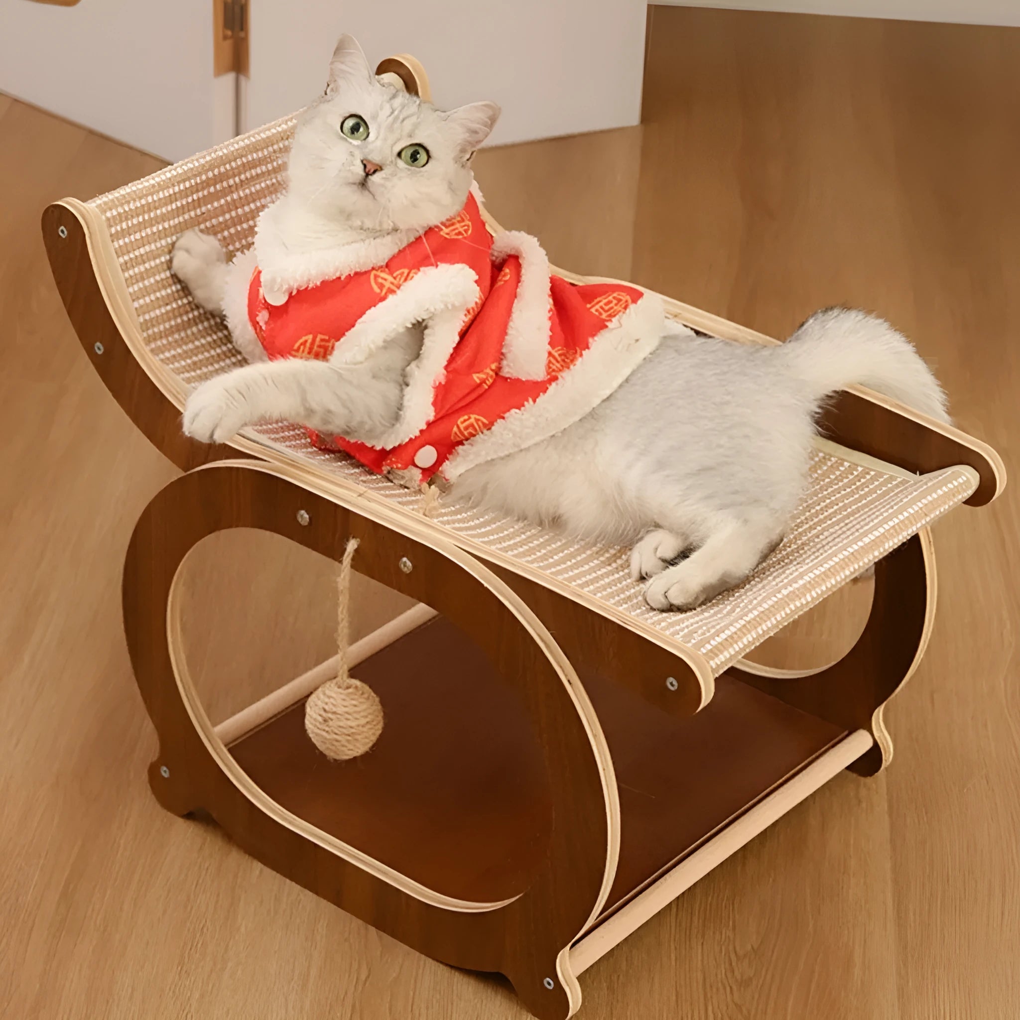 Solid wood sisal cat scratching mat in walnut colour on a wooden floor.