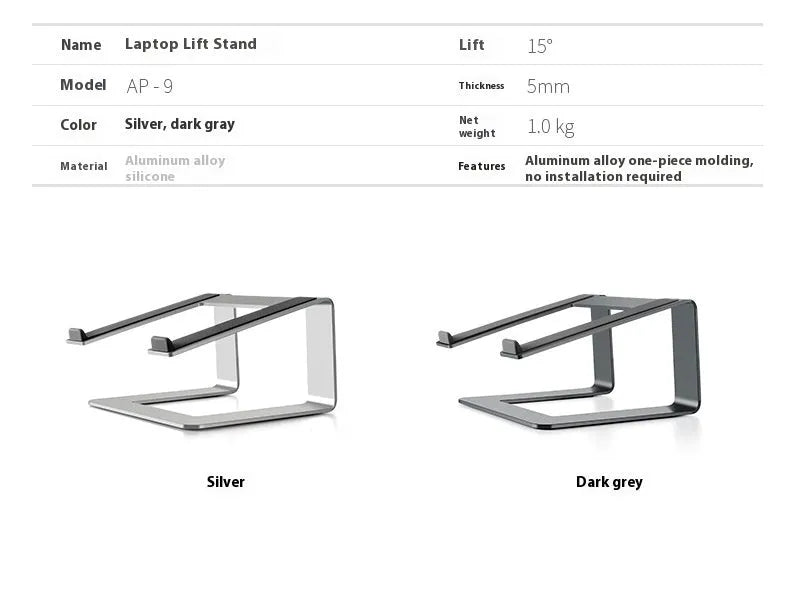 Black aluminium laptop stand with angled platform on a wooden desk