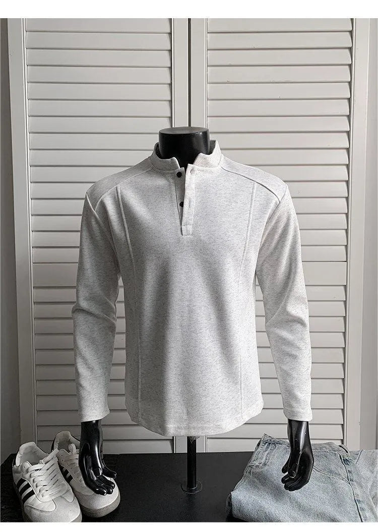 Men's asymmetrical patchwork sweater with stand-up polo collar in neutral colours