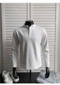 Men's asymmetrical patchwork sweater with stand-up polo collar in neutral colours