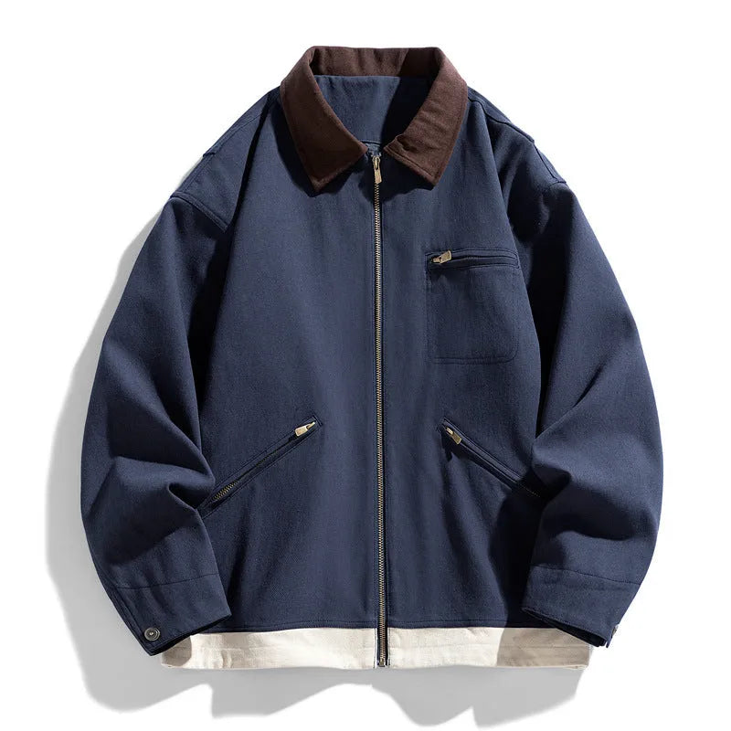 Retro American workwear jacket with contrast colour lapels in loose fit design