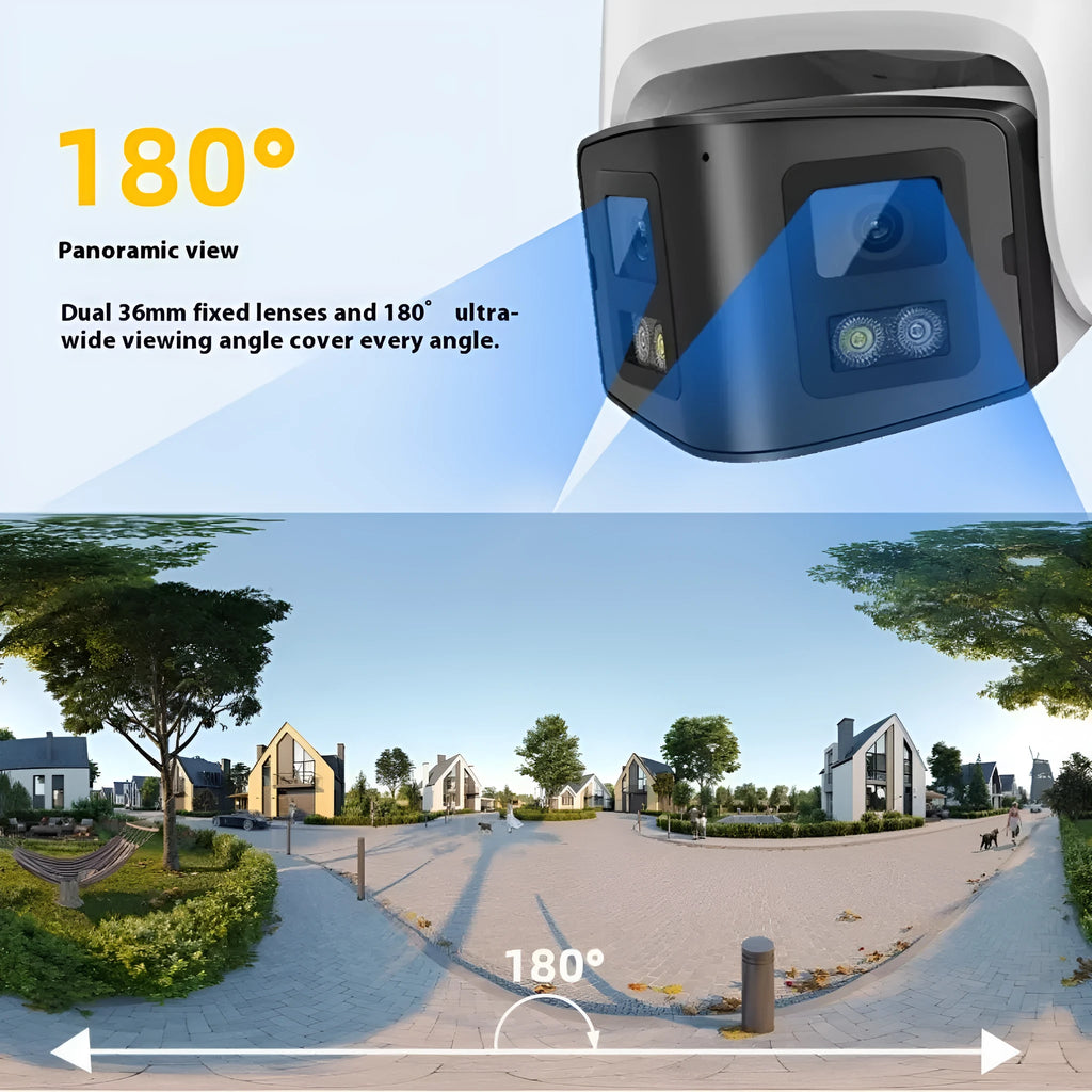 4MP dual-lens panoramic CCTV webcam with safety belt mount and IP66 waterproof rating