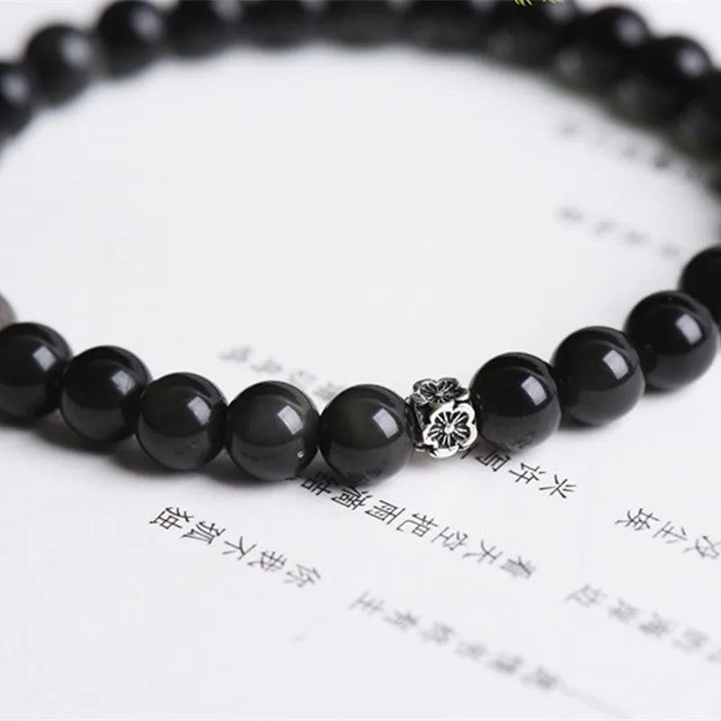Natural obsidian bracelet with S925 silver flower accessory and constellation design