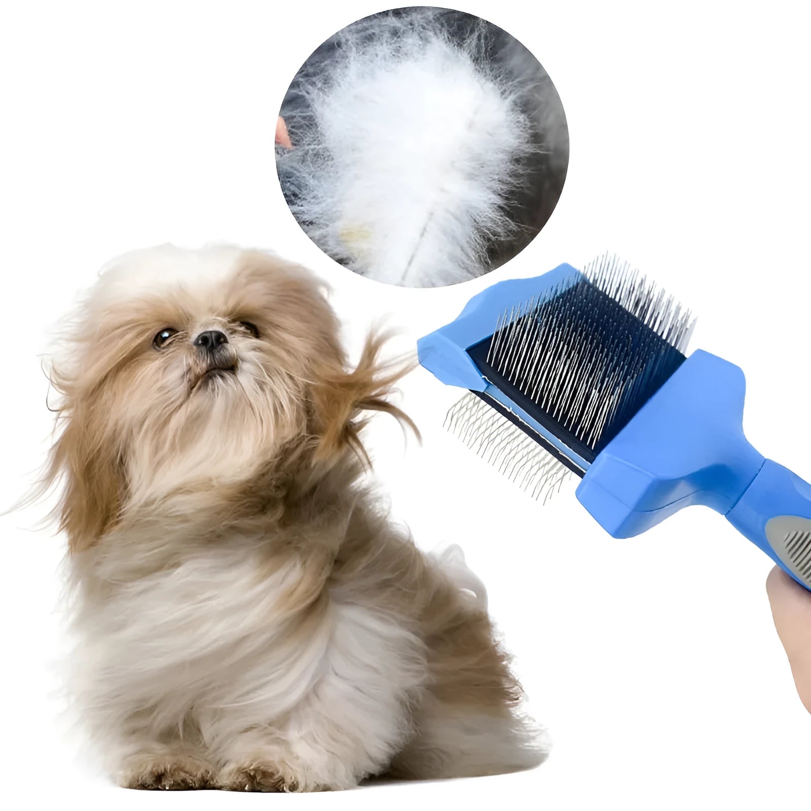 Blue and pink double-sided pet brush with stainless steel pins and ergonomic handle.