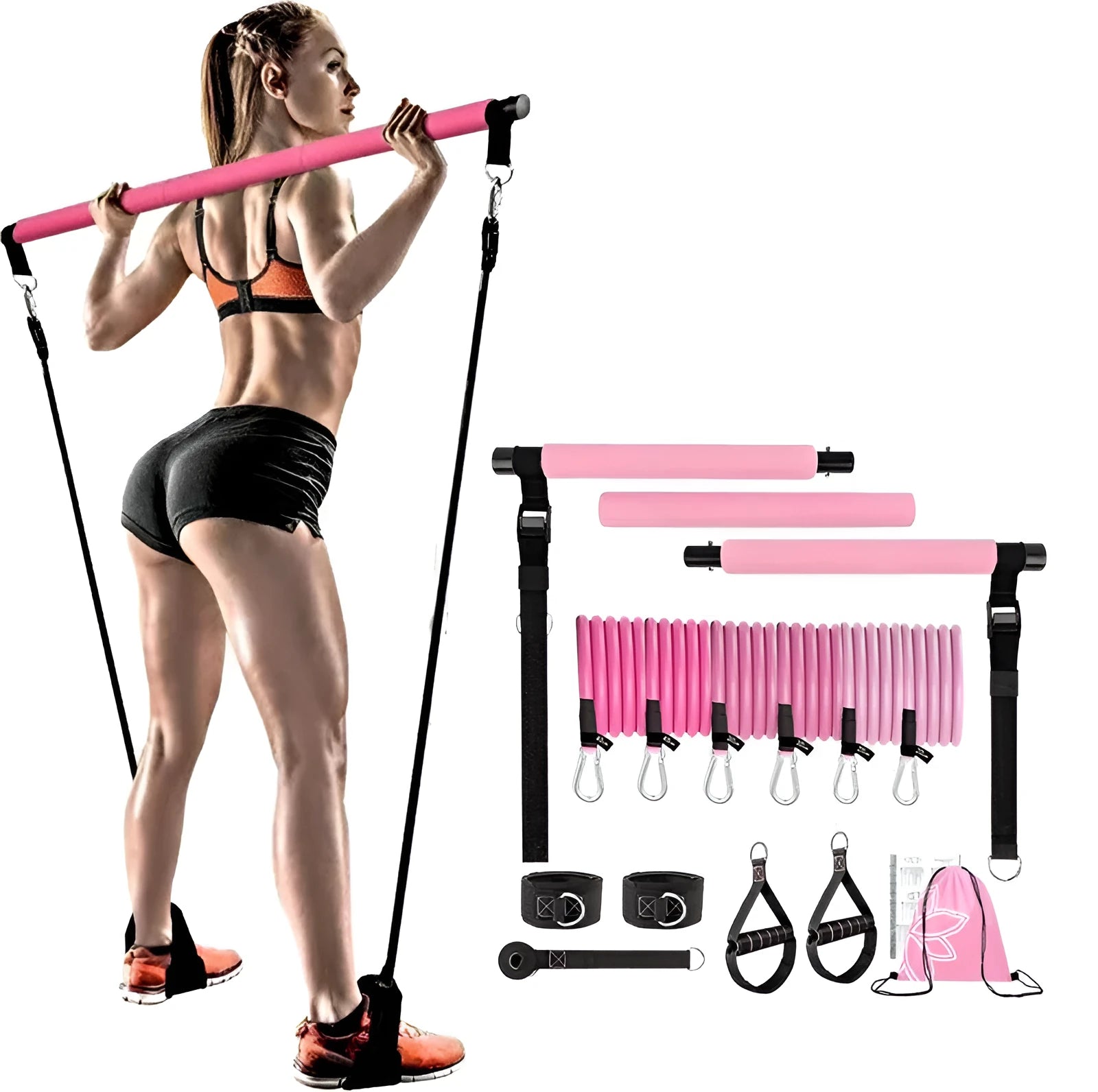 Set of 11 pink, purple, and black TPE fitness rope stretch sticks for resistance training.