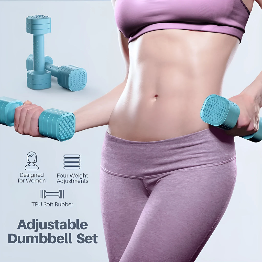 Set of pink ABS plastic dumbbells with slim-fit handles on a home gym mat.