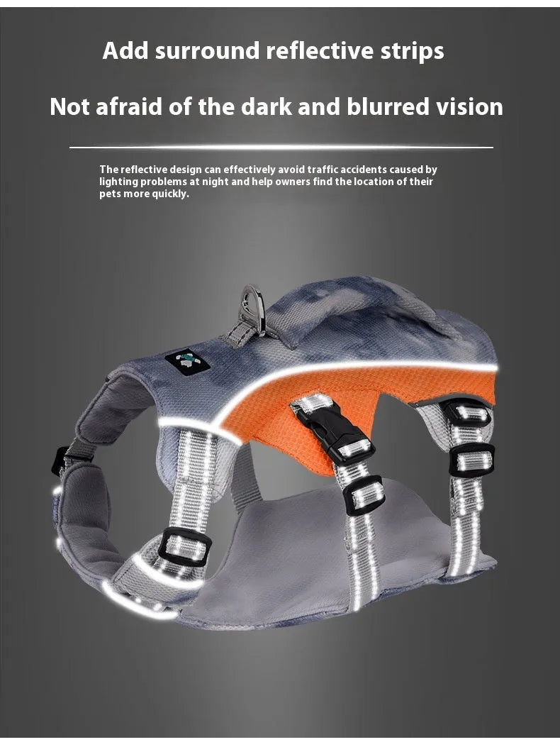 Light blue reflective dog chest strap made of polyester for walking safety.