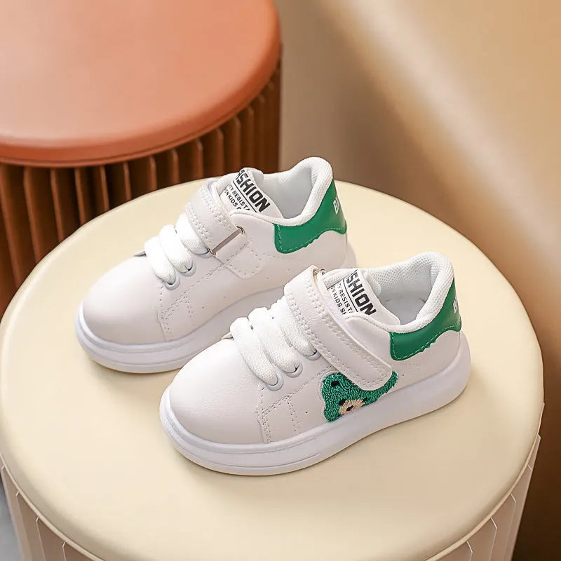 Baby Bear kids cartoon pattern sports shoes in black, green, or khaki with rubber sole