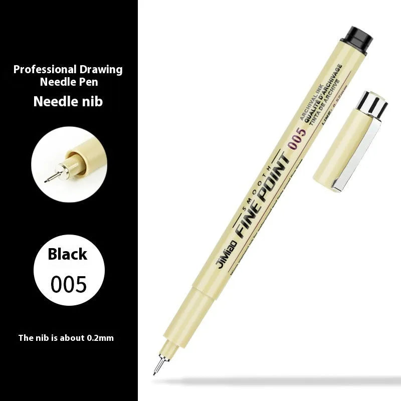 Waterproof cartoon design needle pen with black ink and 133mm plastic body for drawing.