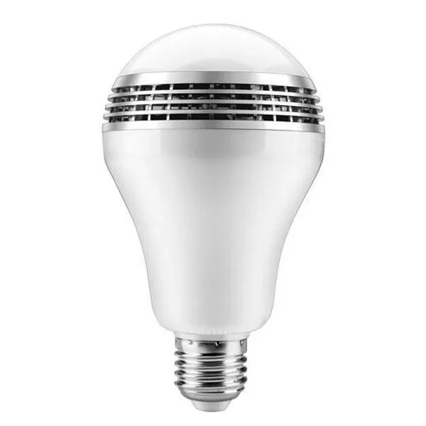 LED smart bulb with Bluetooth speaker showing RGB lighting and E27 fitting