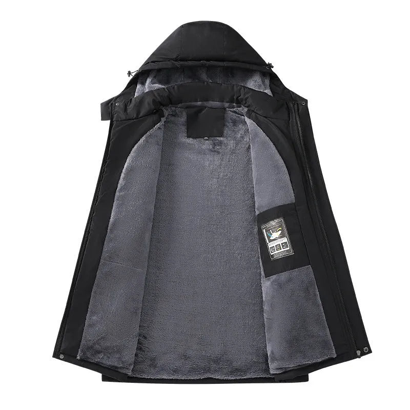 Men's plus size waterproof hooded coat in army green with visible hood and front zip