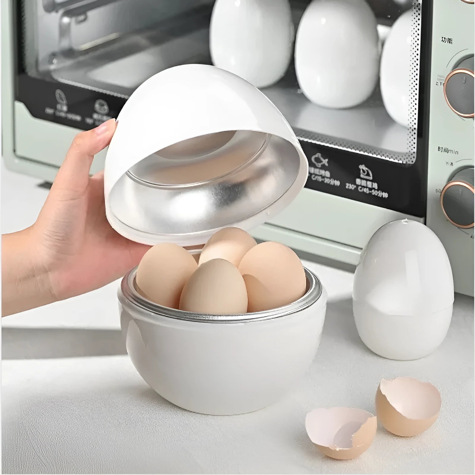 White microwave egg cooker steamer for boiling up to 4 eggs, made from food grade plastic and aluminium.