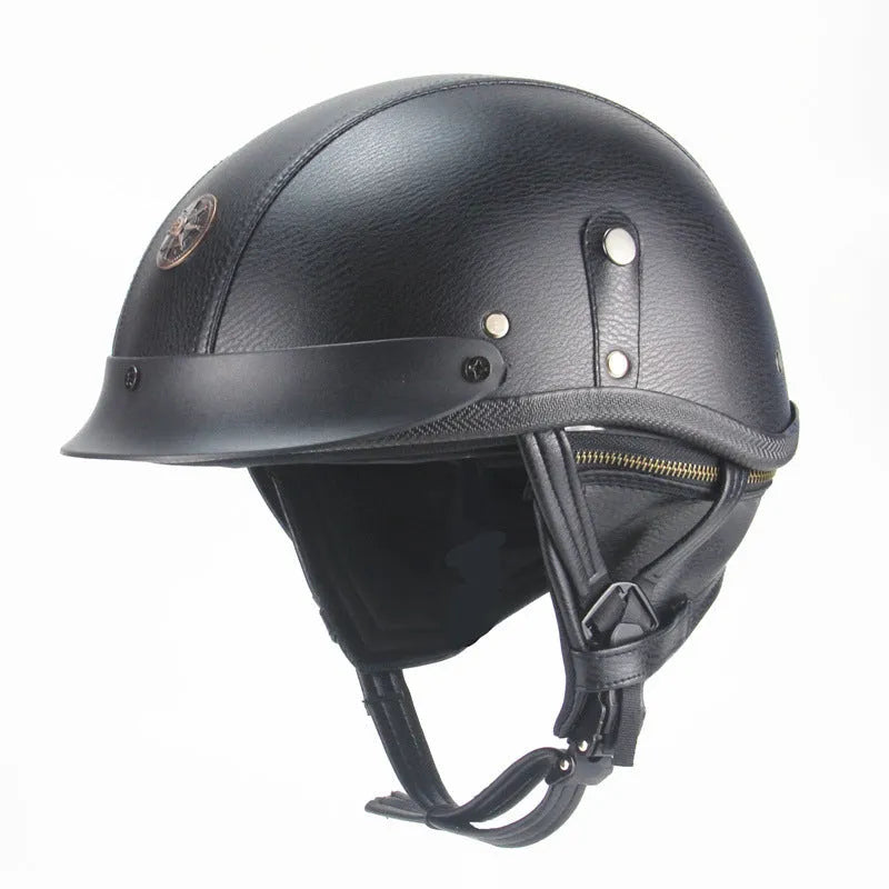 Retro leather motorcycle helmet with half pedal design in black or dark brown colours