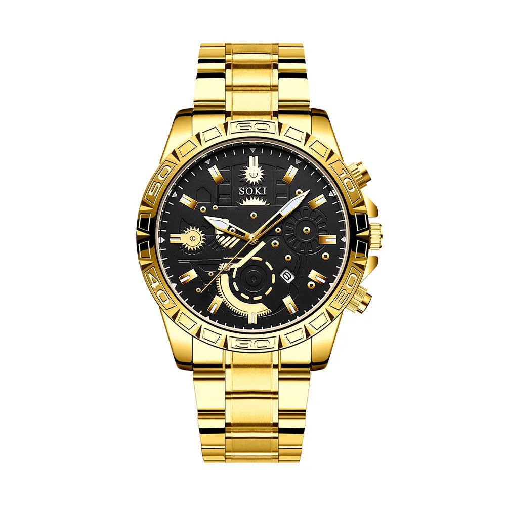 Men's gold stainless steel business quartz watch with calendar on wrist