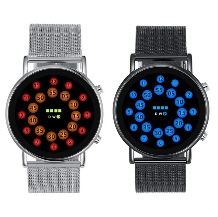 Black shell LED watch with blue illumination on stainless steel mesh strap showing 38mm round dial