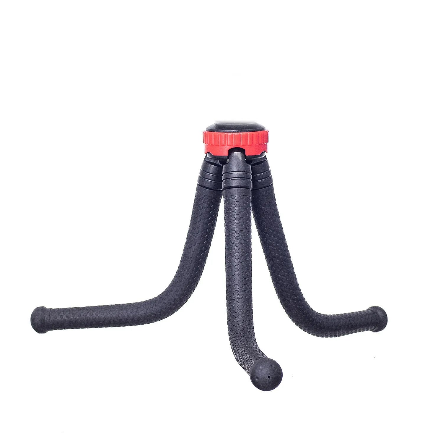 Black octopus tripod with flexible rubber legs and spherical gimbal for cameras and phones