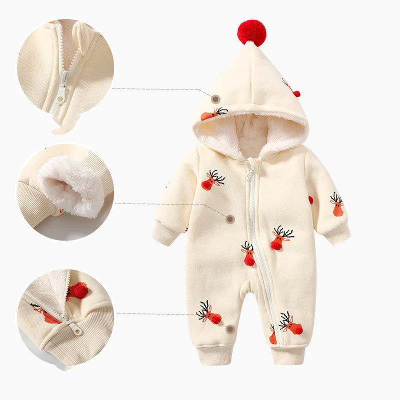 Khaki cotton padded baby crawl suit with Christmas moose pattern, one-piece romper for infants