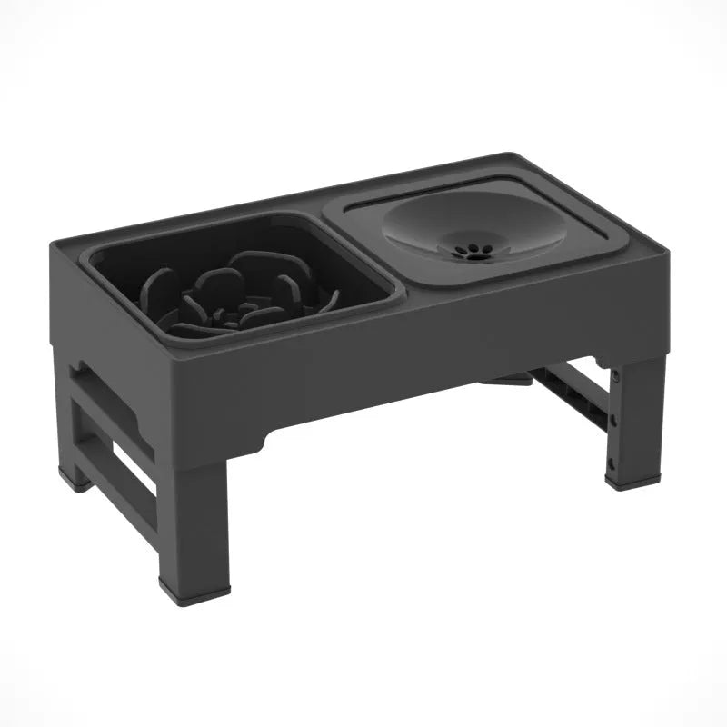 Adjustable height dog feeder stand with stainless steel bowls in black or grey