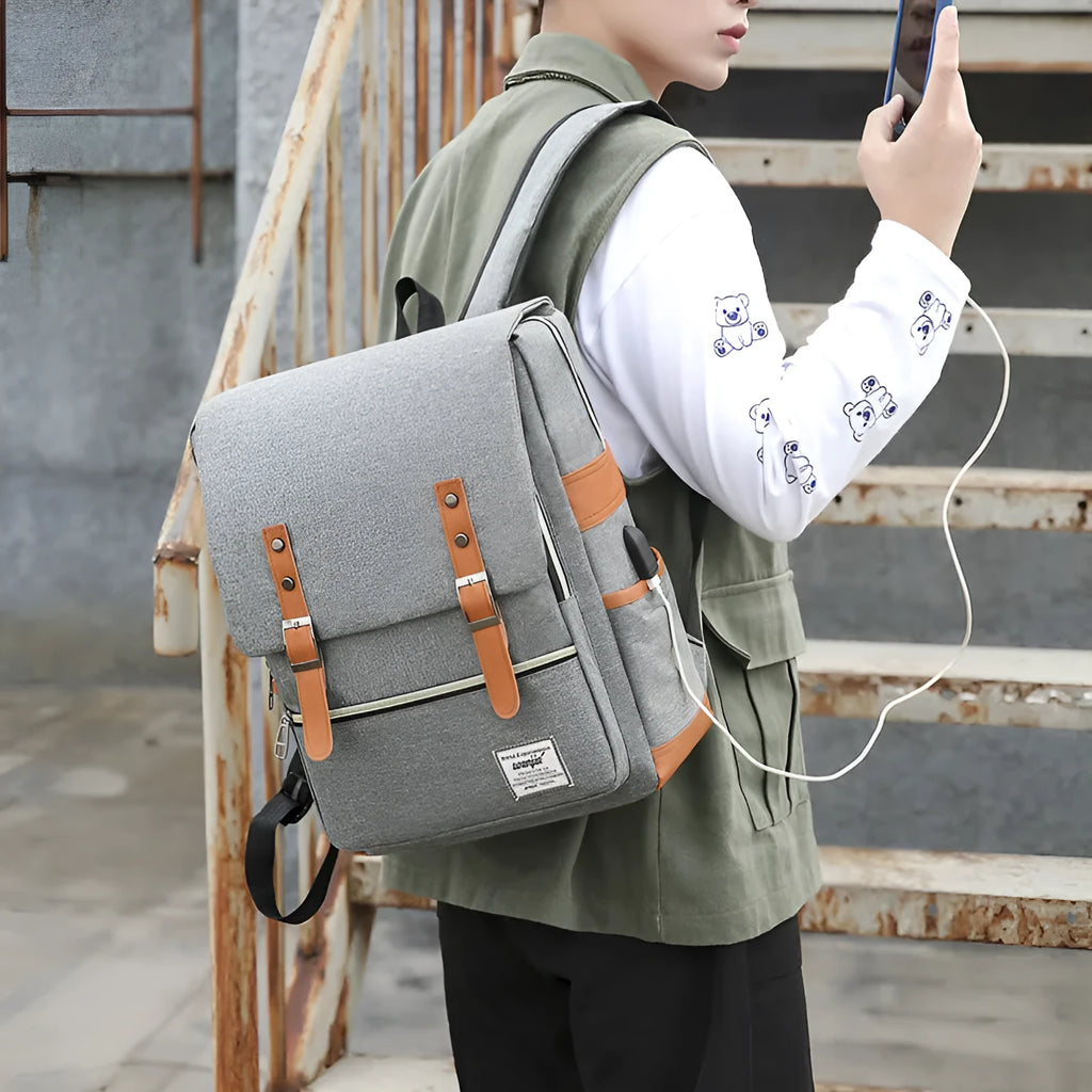 Three-piece backpack in Oxford cloth with curved shoulder straps and large computer compartment