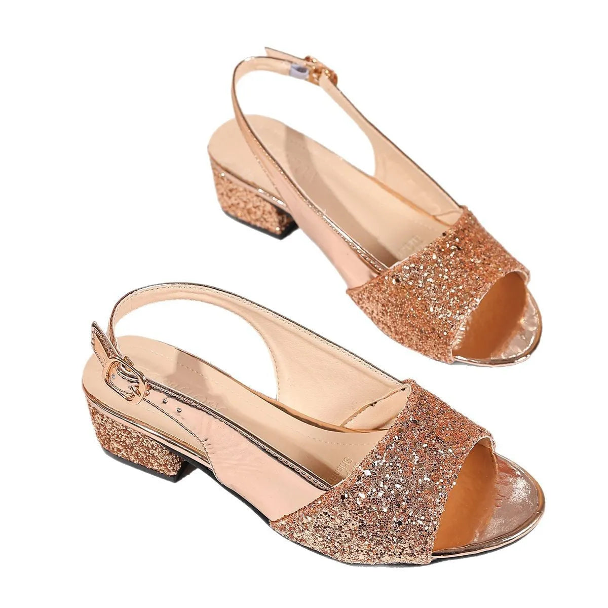 Open toe buckle sandals in silver colour showing fish mouth toe holder and adjustable strap