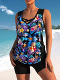 Women's blue lace print two-piece swimsuit showing front and back views