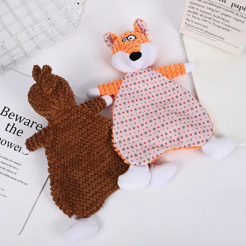 Brown velvet pet chew toy shaped like a fox elephant with crinkle paper and squeaker inside