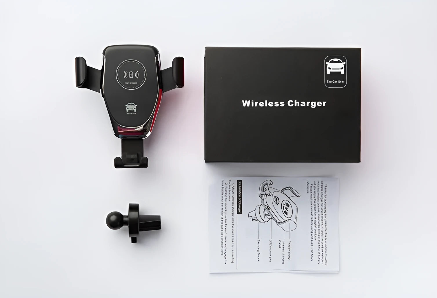 Black car wireless charger mounted on dashboard showing automatic clamp holding iPhone