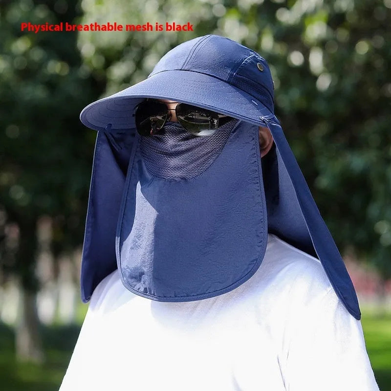 Men's khaki sun protection hat with USB fan and attached face covering shawl for neck protection.