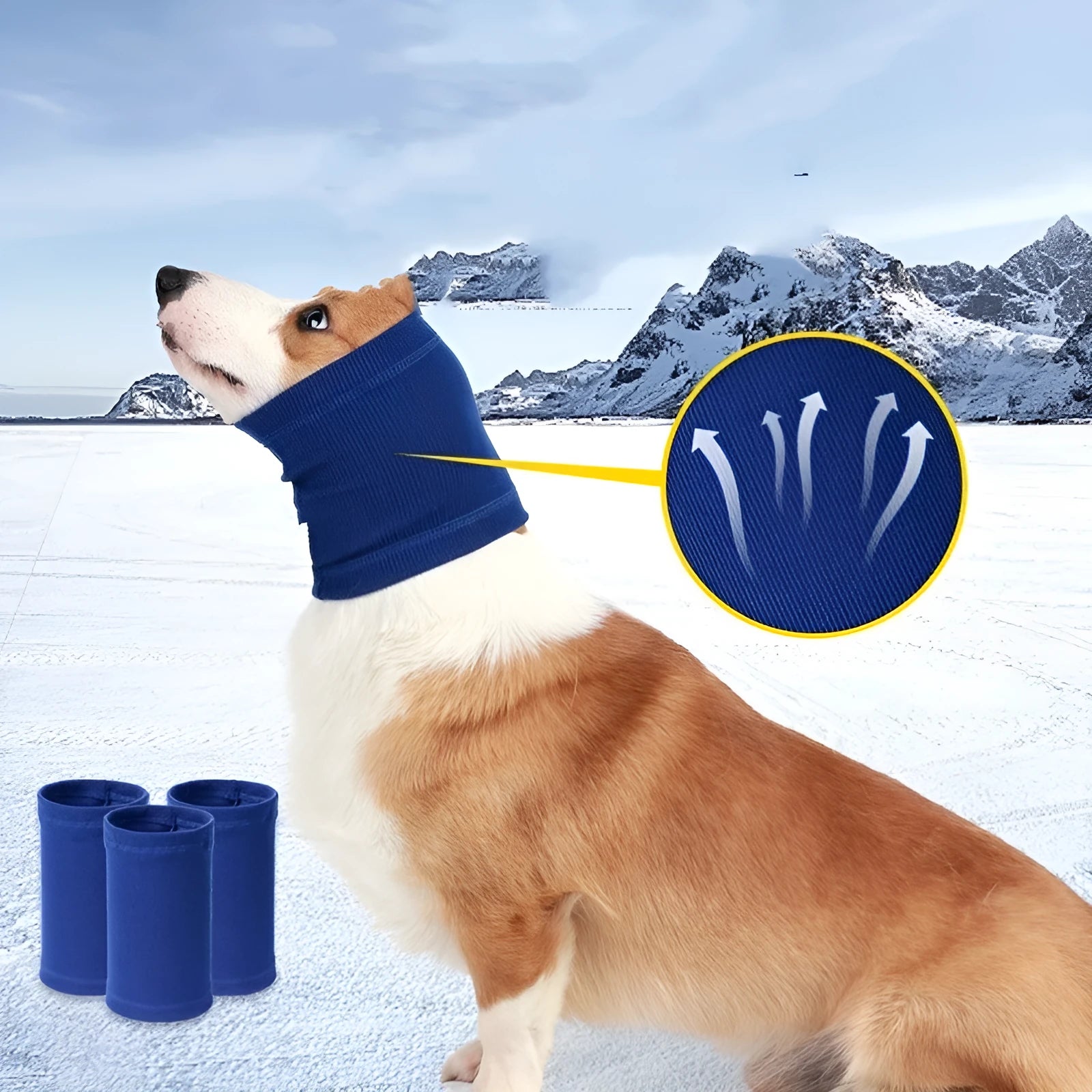 Blue polyester dog headband scarf showing adjustable sizing for canine accessory wear